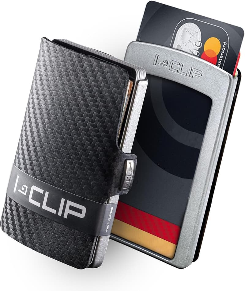 I-CLIP Mini Geldbörse aus Leder mit Geldklammer in Silber Carbon