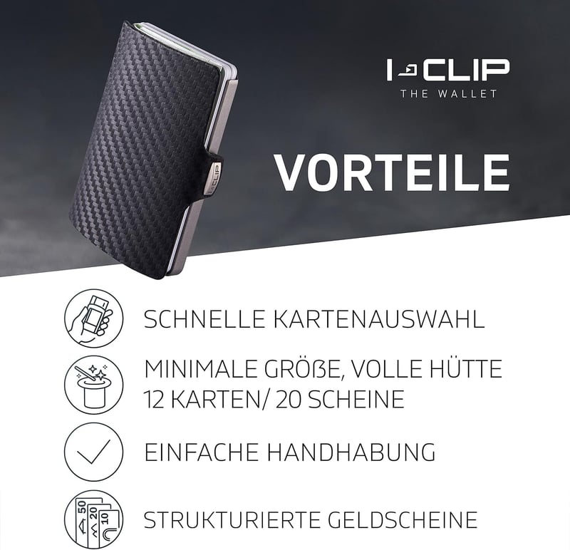 I-CLIP Mini Geldbörse aus Leder mit Geldklammer in Silber Carbon