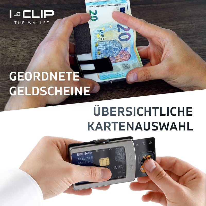 I-CLIP Mini Geldbörse aus Leder mit Geldklammer in Silber Carbon