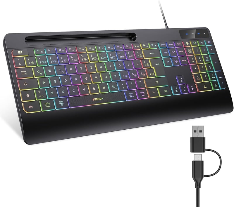 Beleuchtete ergonomische Tastatur mit Handyhalter und Handballenauflage, QWERTZ, Schwarz