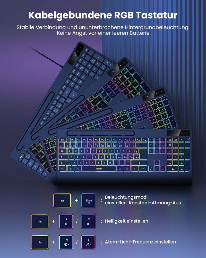 Beleuchtete ergonomische Tastatur mit Handyhalter und Handballenauflage, QWERTZ, Schwarz
