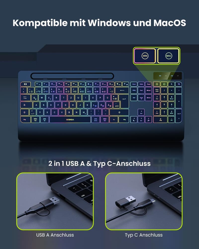 Beleuchtete ergonomische Tastatur mit Handyhalter und Handballenauflage, QWERTZ, Schwarz