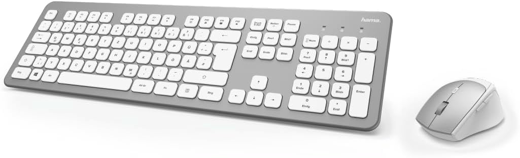 Hama kabelloses Tastatur-Maus-Set mit ergonomischer Maus, QWERTZ, weiß-silber