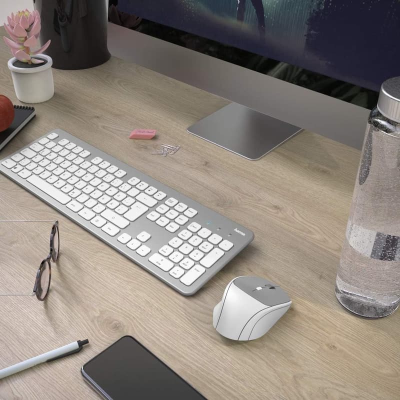 Hama kabelloses Tastatur-Maus-Set mit ergonomischer Maus, QWERTZ, weiß-silber
