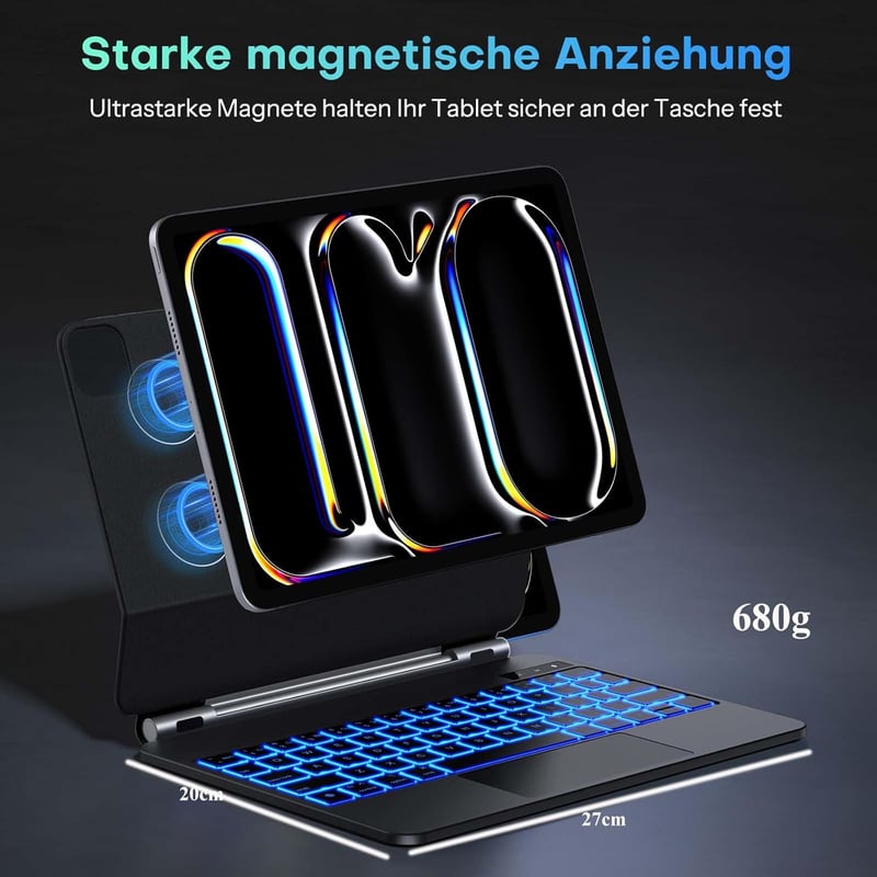 Kabellose Bluetooth-Tastatur mit Hülle für iPad Pro M4, 11 Zoll, QWERTZ, beleuchtet, schwarz