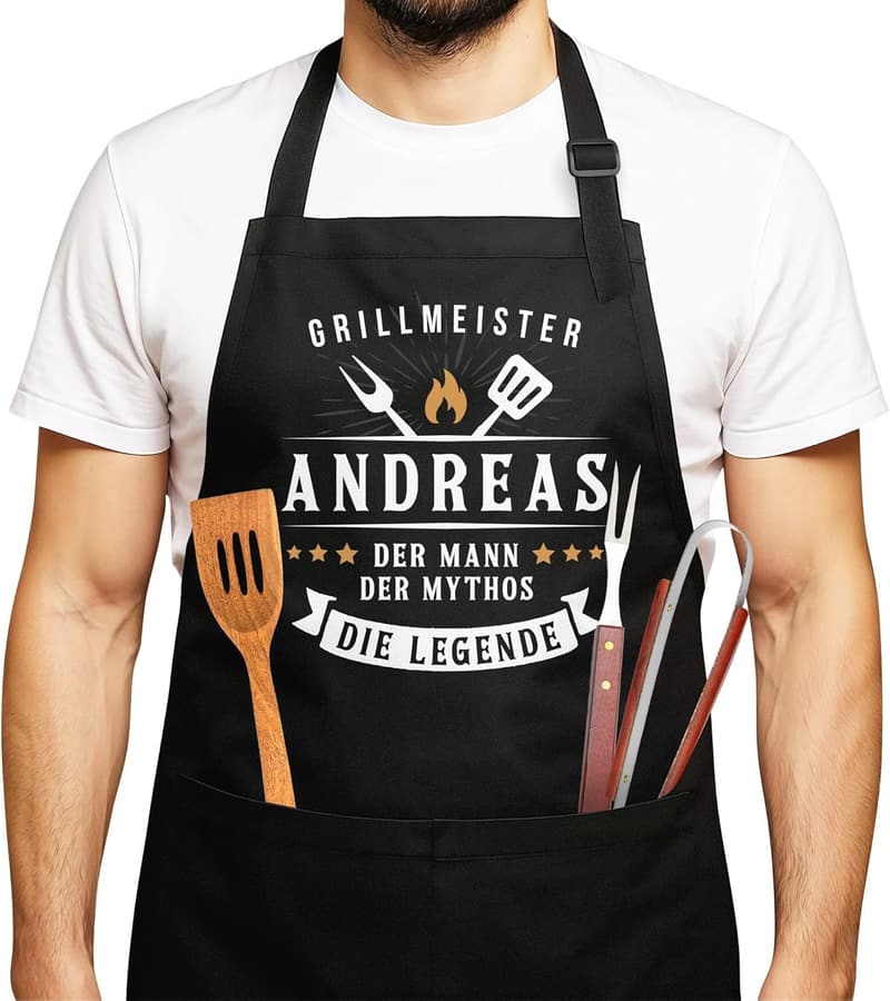 Personalisierte Grillschürze für Männer mit Namen und Spruch aus Baumwolle