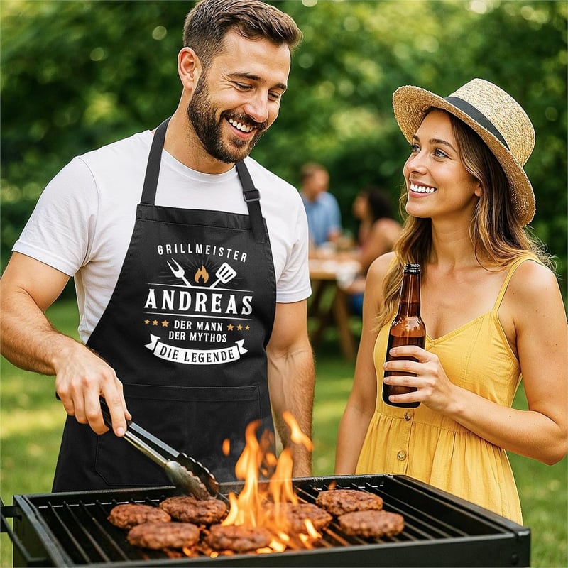 Personalisierte Grillschürze für Männer mit Namen und Spruch aus Baumwolle
