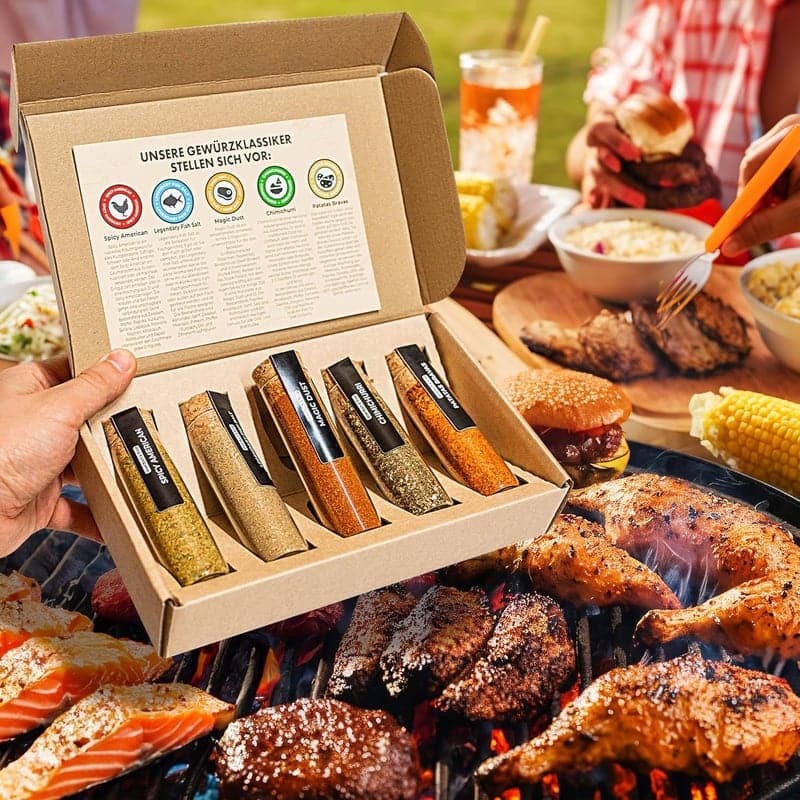 BBQ Grillgewürzset – 5 Gourmet Gewürze + Rezeptideen für Grillfreunde