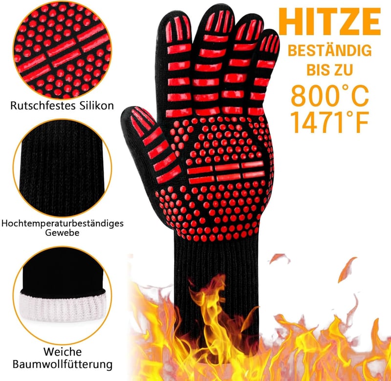 Hitzebeständige Grillhandschuhe bis 800°C für BBQ und Kochen, Rot