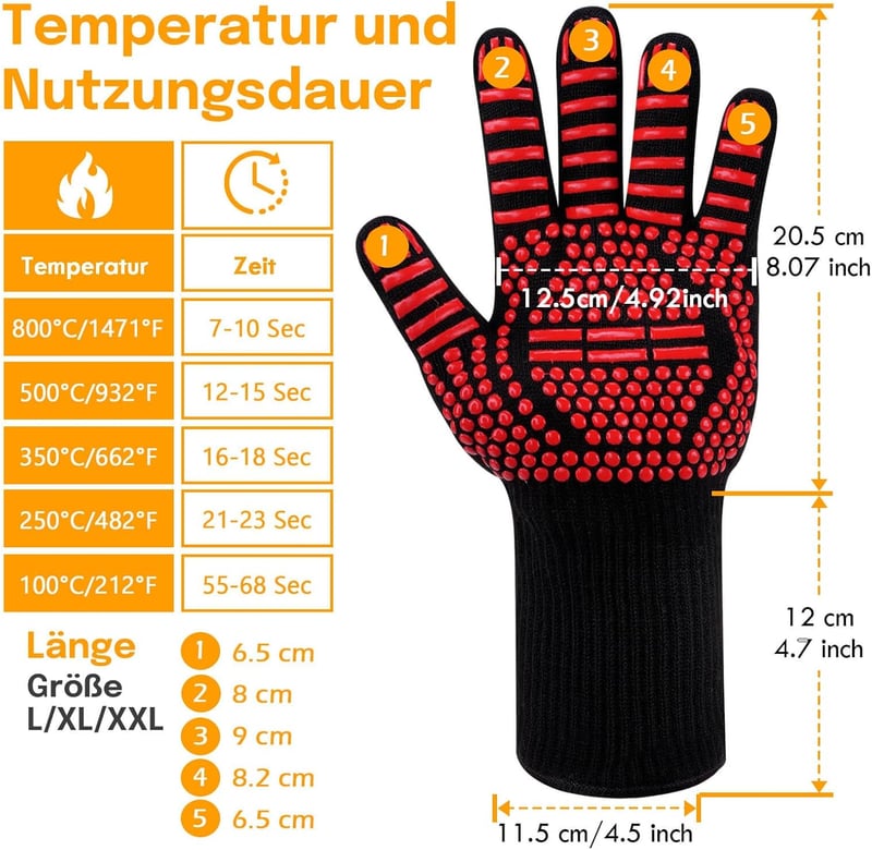 Hitzebeständige Grillhandschuhe bis 800°C für BBQ und Kochen, Rot