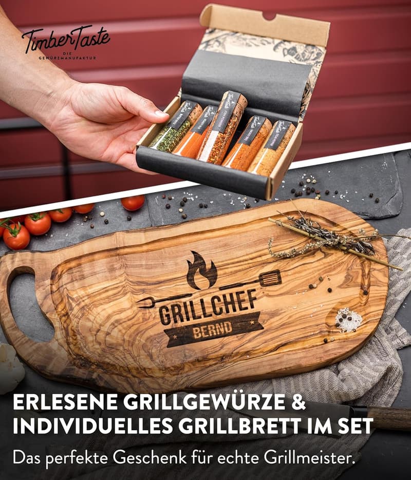 Personalisierte BBQ Gewürze mit Grillbrett – Geschenkset für Männer