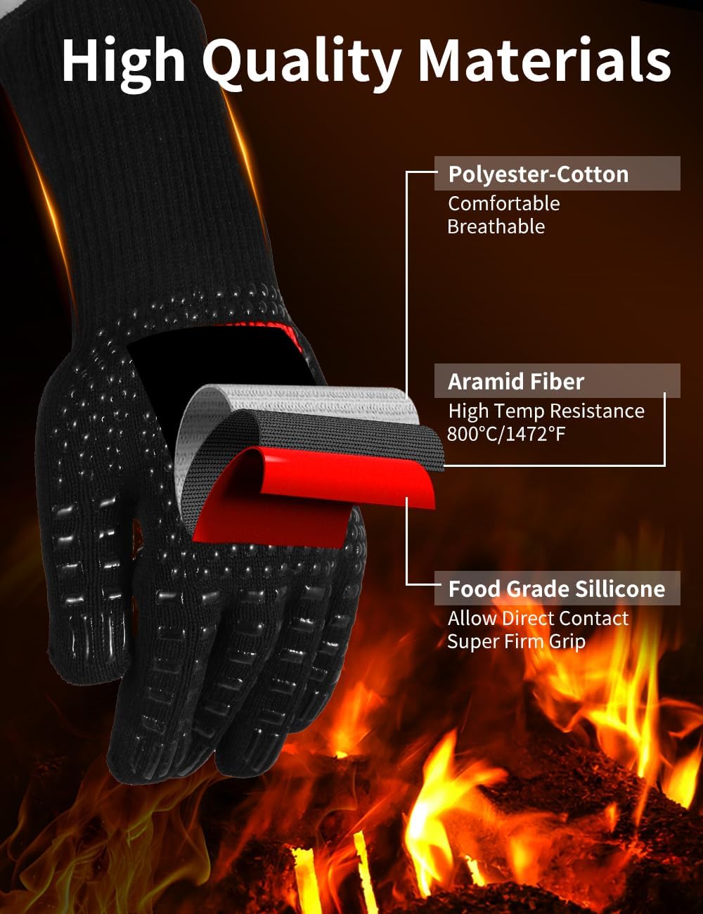 Extrem hitzebeständige Grillhandschuhe bis 800°C für BBQ und Kochen, Schwarz (L/XL/XXL)