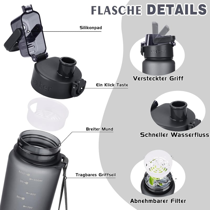 AOPREL 1L Sporttrinkflasche aus Tritan, BPA-frei, auslaufsicher mit Filter