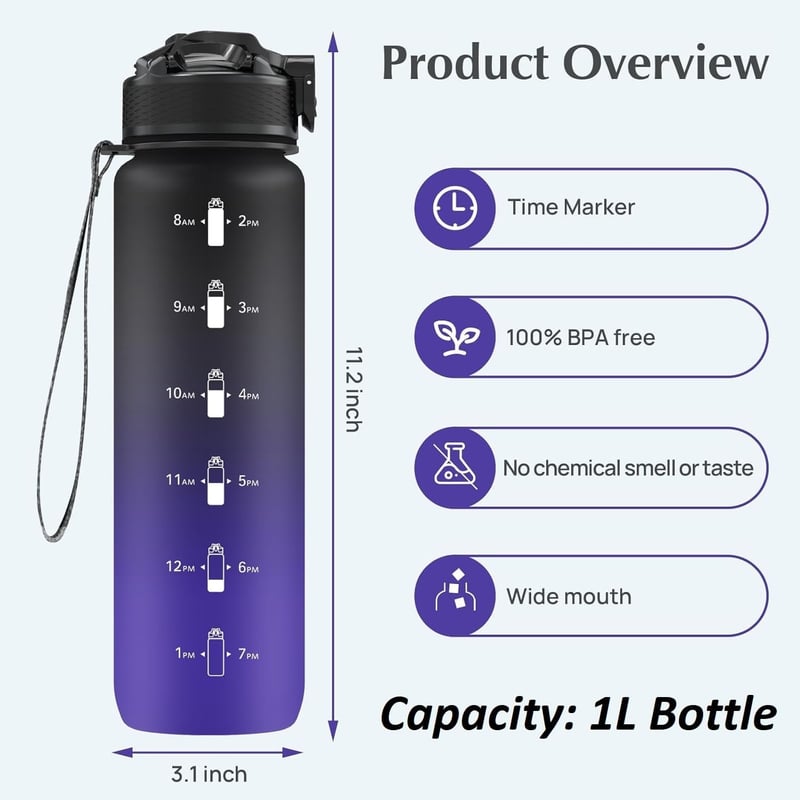 Wasserflasche 1L mit Strohhalm, auslaufsicher, BPA-frei, für Sport und Fitness