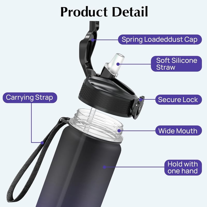 Wasserflasche 1L mit Strohhalm, auslaufsicher, BPA-frei, für Sport und Fitness