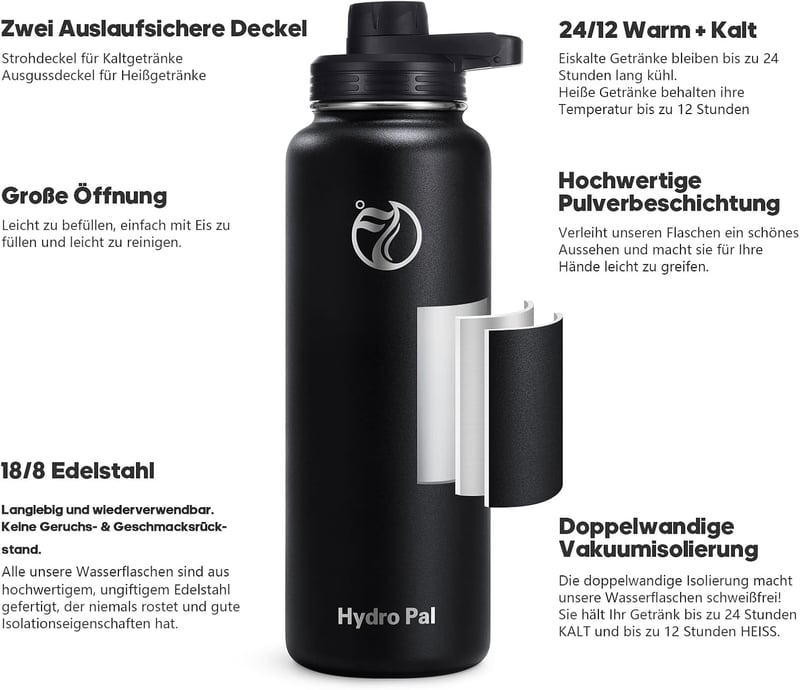Isolierte Edelstahl-Trinkflasche für Sport - 1200 ml, BPA-frei, auslaufsicher