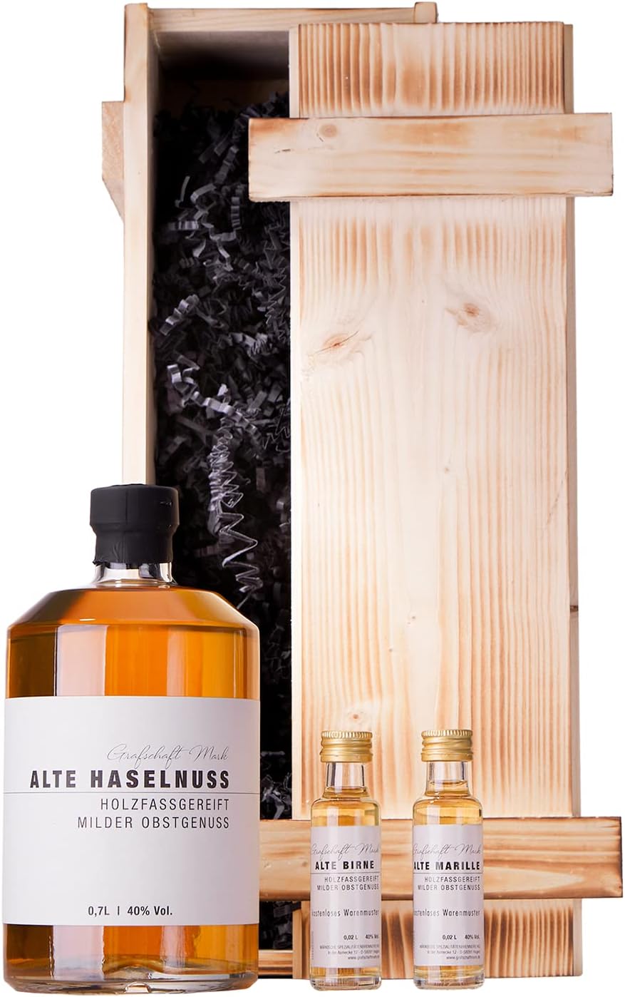 Geschenkset Haselnuss Schnaps in edler Holzbox 0,7 L & 2x 0,02 L