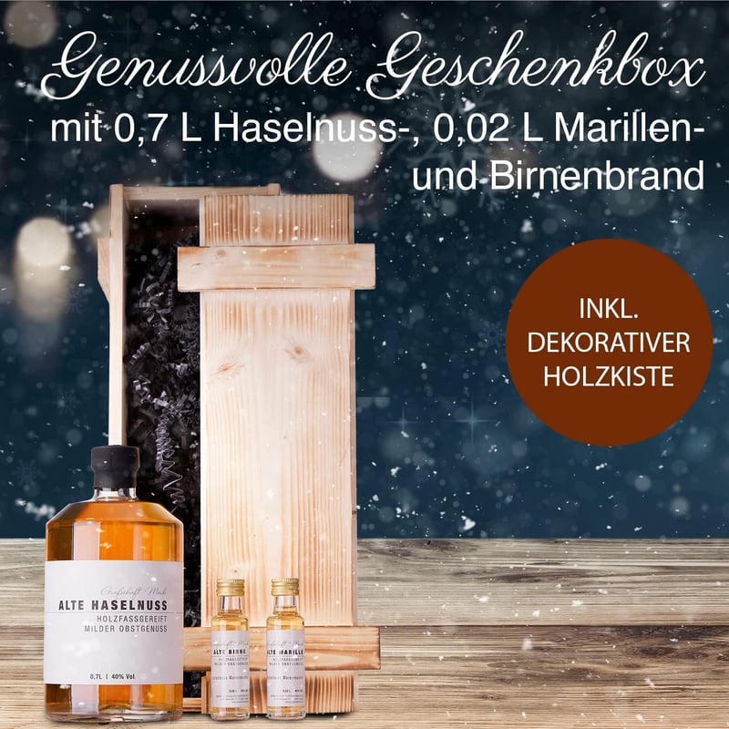 Geschenkset Haselnuss Schnaps in edler Holzbox 0,7 L & 2x 0,02 L
