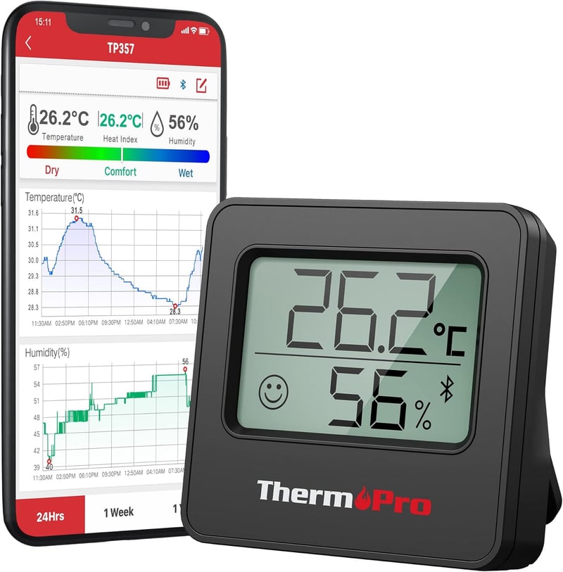 ThermoPro TP357B Bluetooth Hygrometer mit APP für Innenräume, Schwarz