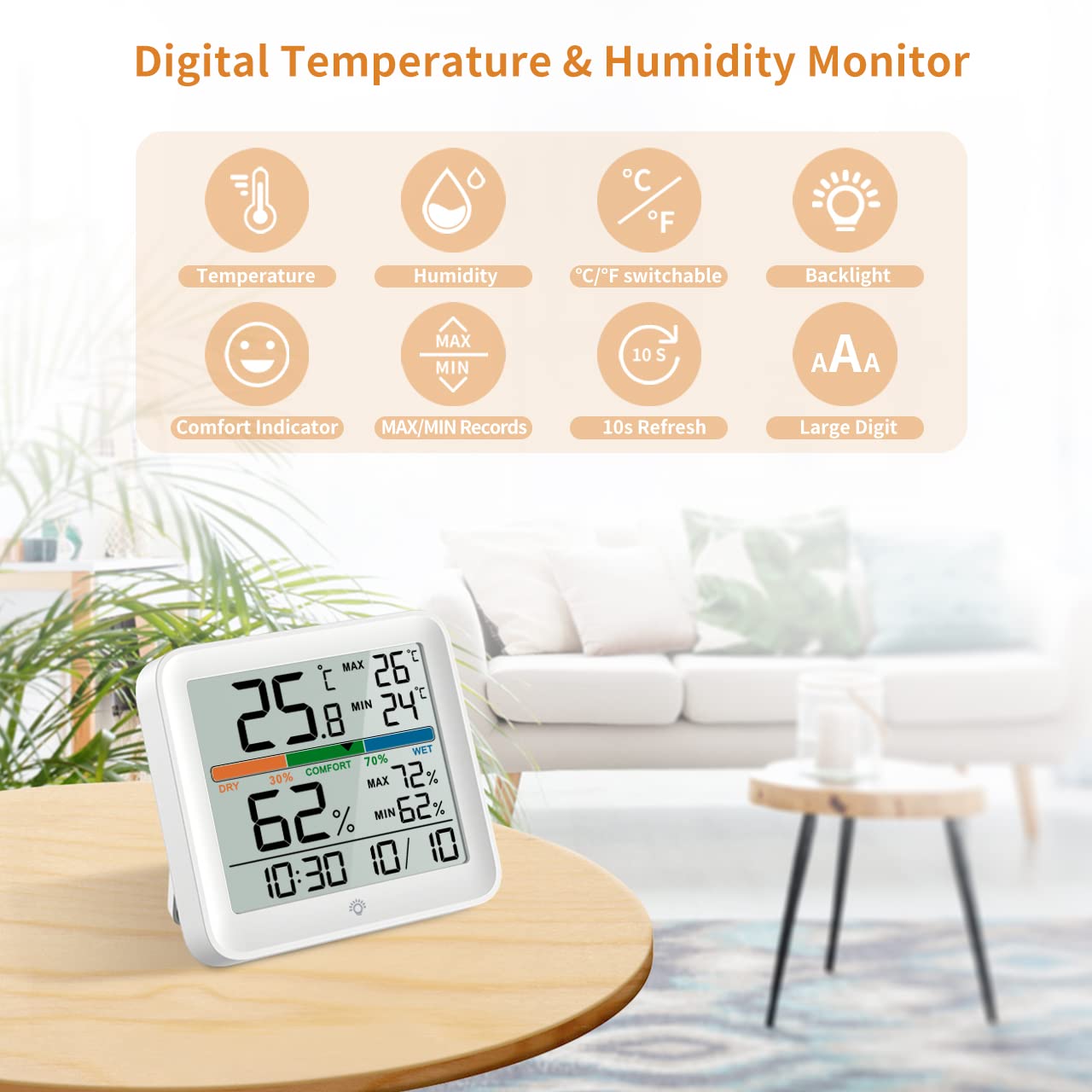 Digitales Thermo-Hygrometer mit Nachtlicht und MAX/MIN-Funktion