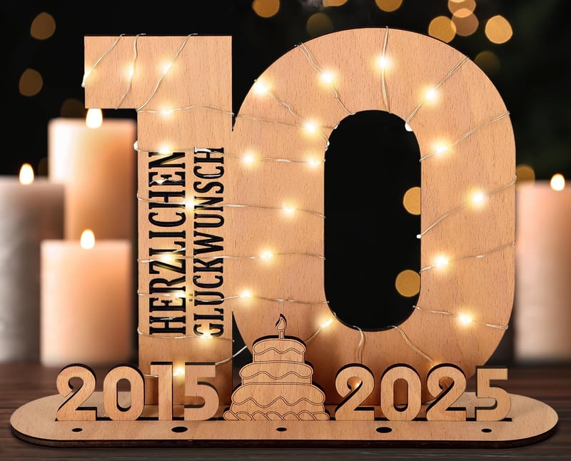Personalisierbares Geschenk zum 10. Geburtstag mit LED-Lichterkette und Holzschild