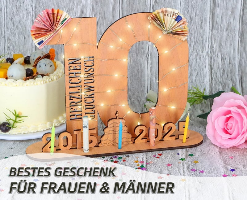 Personalisierbares Geschenk zum 10. Geburtstag mit LED-Lichterkette und Holzschild