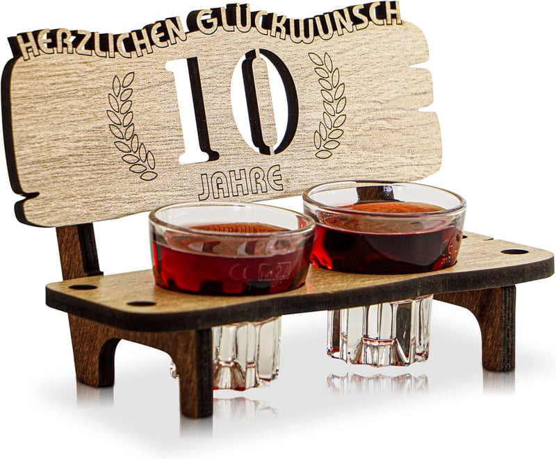 Jubiläumsgeschenk: Schnapsbank mit 2 Gläsern - 10 Jahre