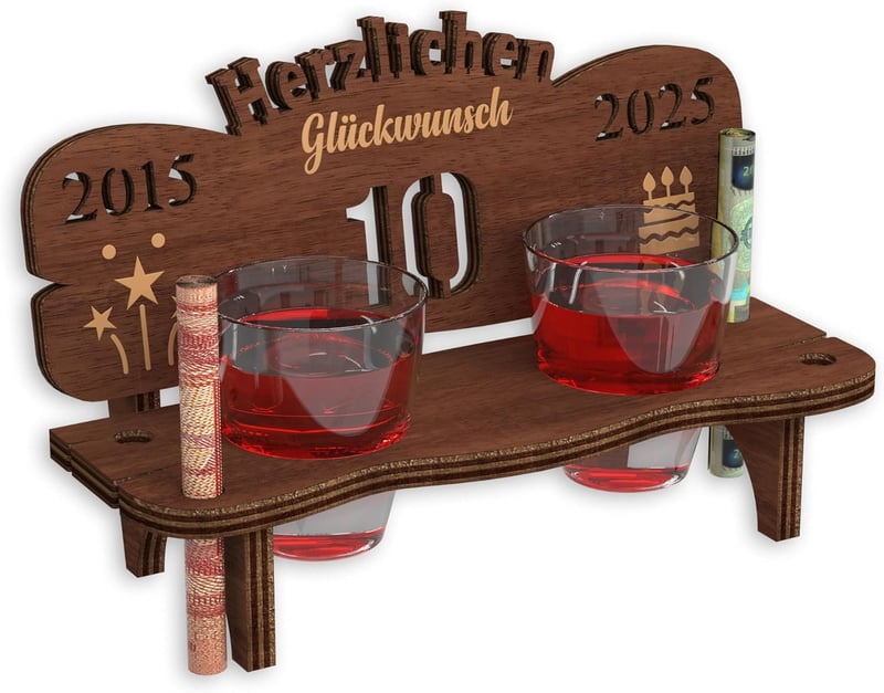 Geburtstagsgeschenk: Holz-Schnapsbank mit Gravur 10 Jahre und 2 Gläser