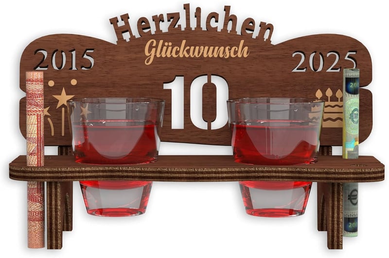 Geburtstagsgeschenk: Holz-Schnapsbank mit Gravur 10 Jahre und 2 Gläser