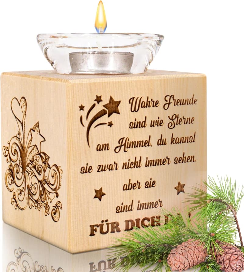 Teelichthalter aus Zirbenholz mit Gravur – Freundschaftsgeschenk für Freunde