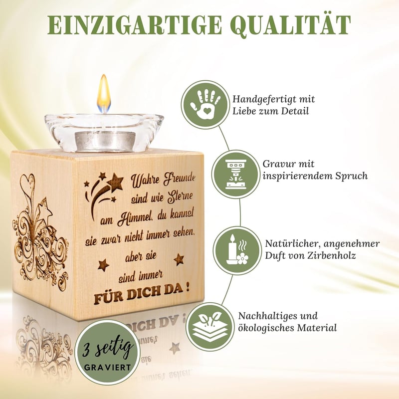 Teelichthalter aus Zirbenholz mit Gravur – Freundschaftsgeschenk für Freunde
