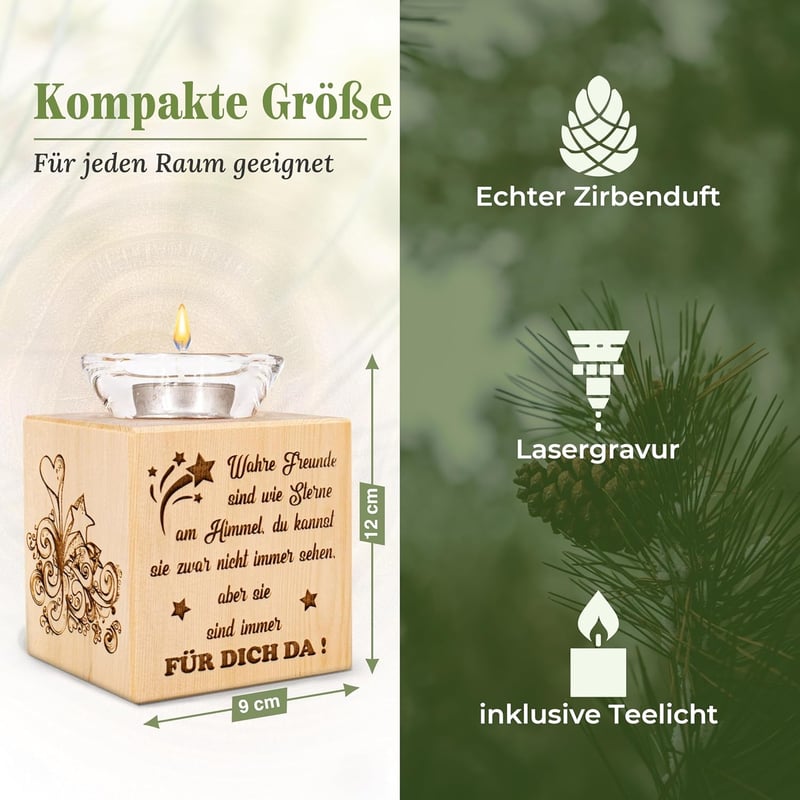 Teelichthalter aus Zirbenholz mit Gravur – Freundschaftsgeschenk für Freunde