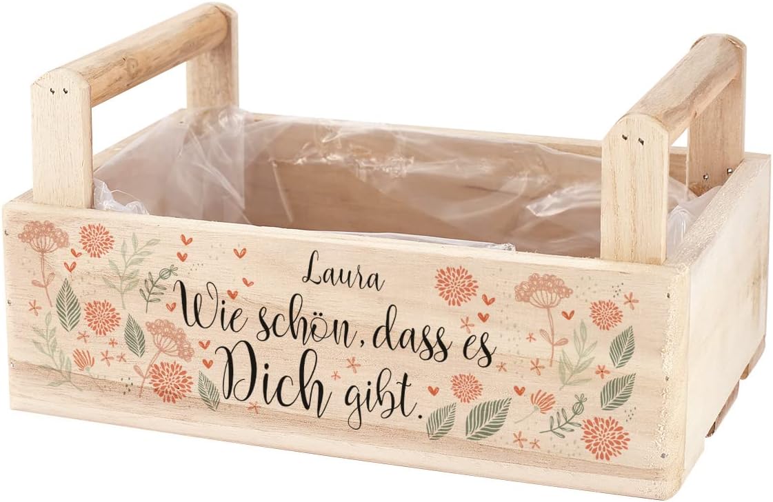 Pflanzkiste mit Blumenmotiv und persönlichem Wunschname