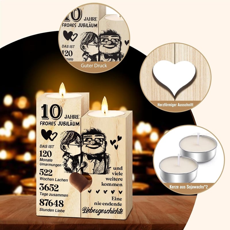 10. Hochzeitstag: Holzkerzenständer für Paare und Deko zur Rosenhochzeit