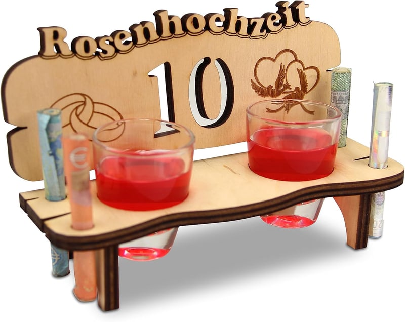 Hochzeitsschnapsbank aus Holz mit 2 Gläsern - 10. Hochzeitstag Geschenk