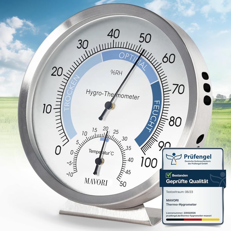 Edelstahl Hygrometer und Thermometer 2in1 für gesundes Raumklima, Ø 12,5 cm