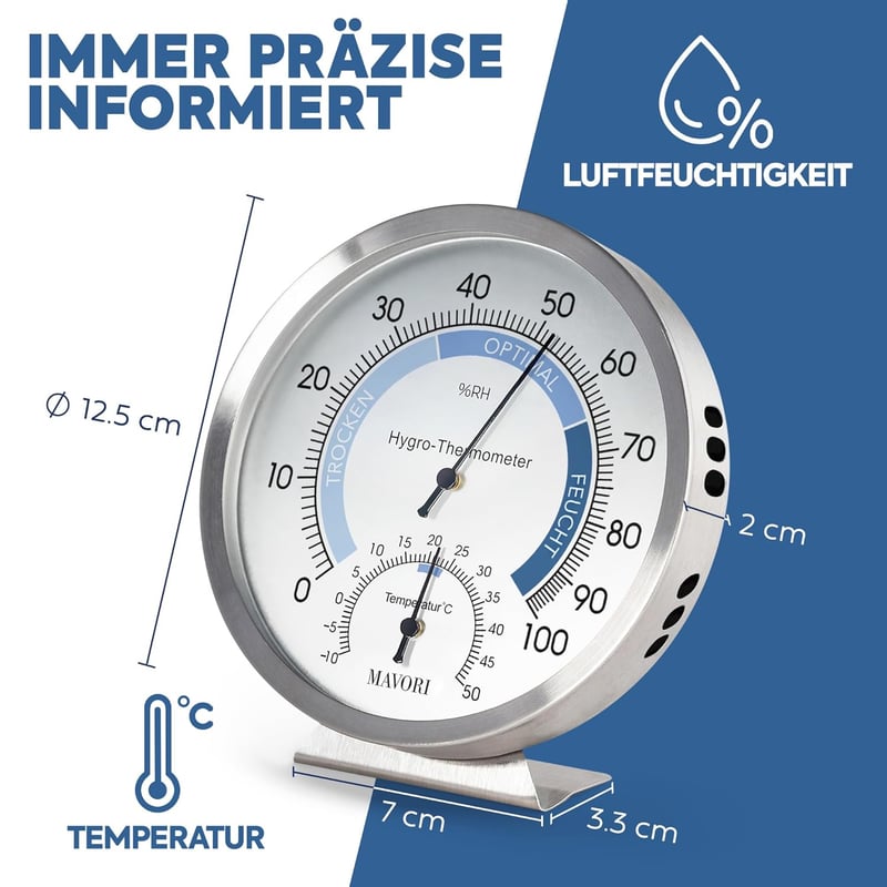 Edelstahl Hygrometer und Thermometer 2in1 für gesundes Raumklima, Ø 12,5 cm