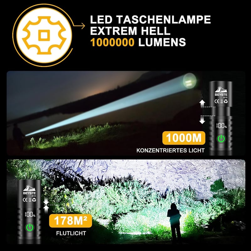 Extreme LED Taschenlampe 1000000 Lumen, aufladbar, USB, mit Holster