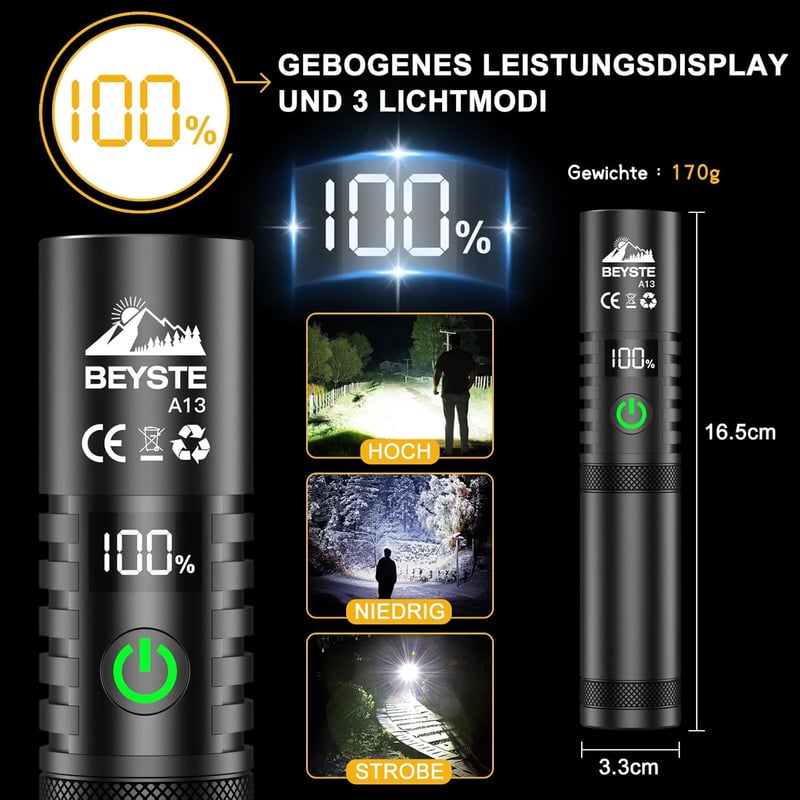 Extreme LED Taschenlampe 1000000 Lumen, aufladbar, USB, mit Holster