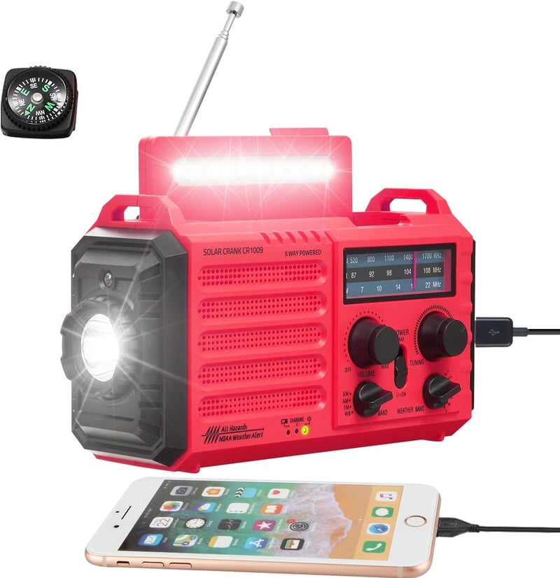 Tragbares Notfallradio mit Solar- und Kurbelbetrieb, wasserdicht, LED, Powerbank, AM/FM/SW, SOS-Alarm, inklusive Kompass.