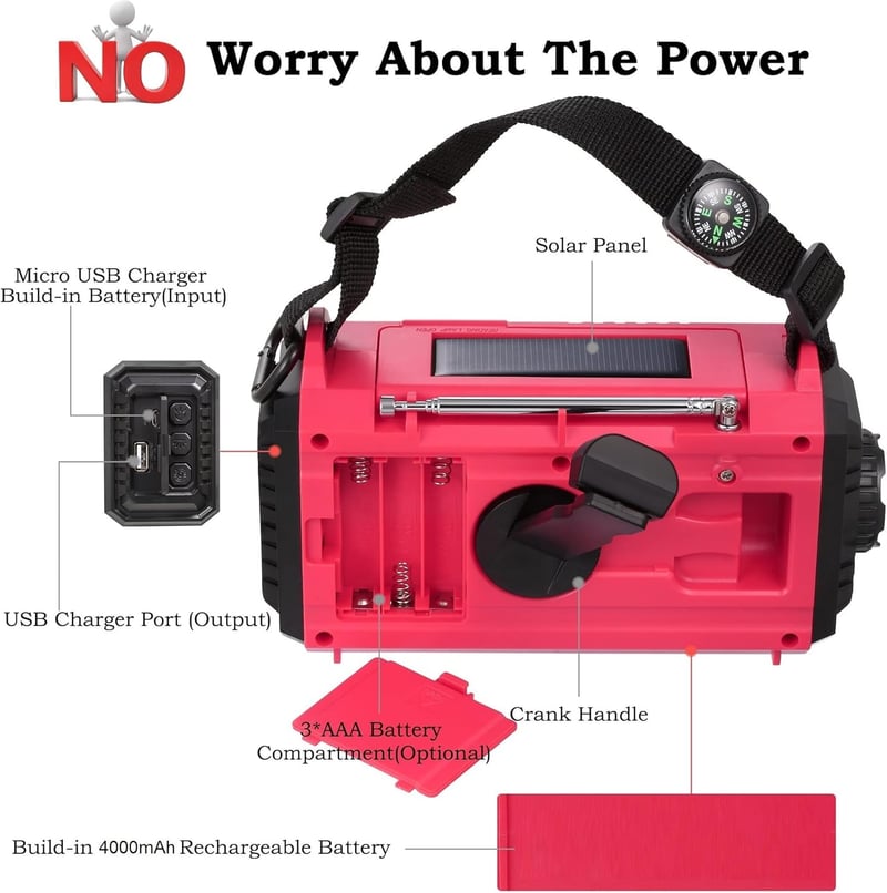 Tragbares Notfallradio mit Solar- und Kurbelbetrieb, wasserdicht, LED, Powerbank, AM/FM/SW, SOS-Alarm, inklusive Kompass.