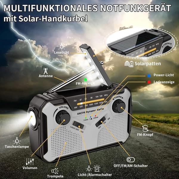 Tragbares Solarradio mit 4000mAh Akku und SOS-Alarm für Notfälle