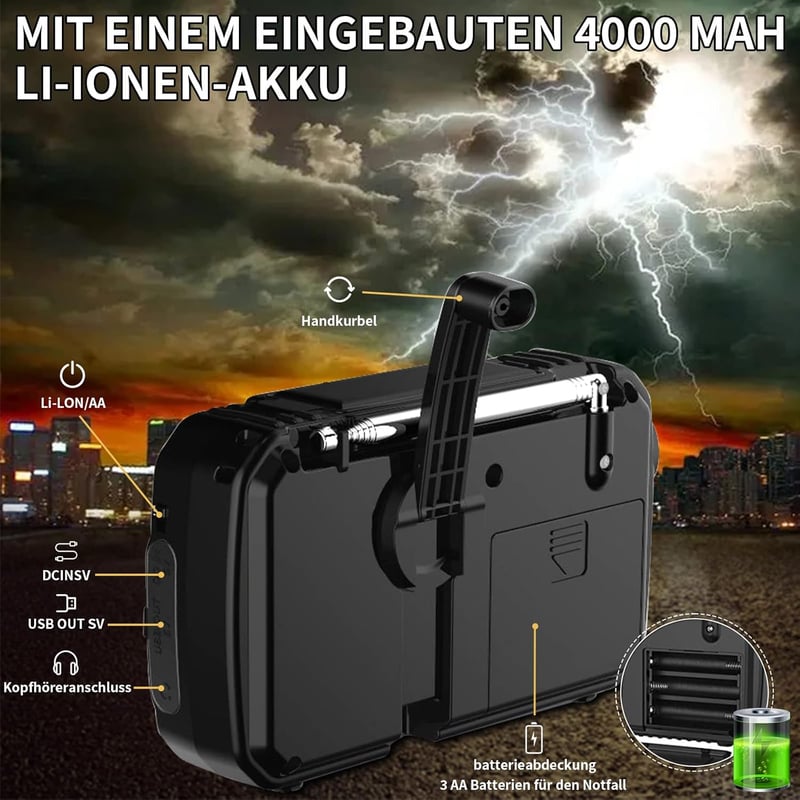 Tragbares Solarradio mit 4000mAh Akku und SOS-Alarm für Notfälle