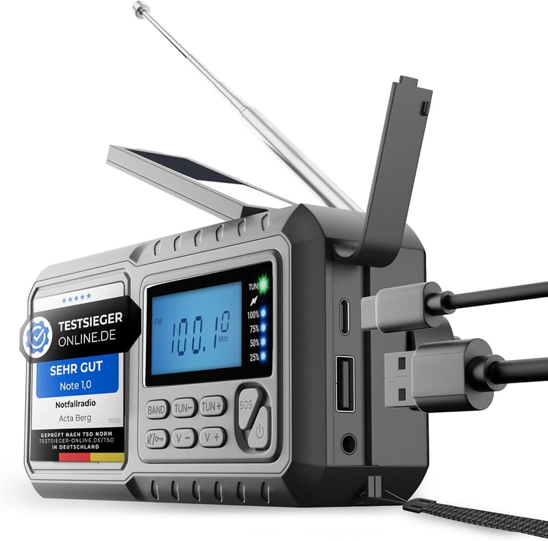 Notfallradio mit Kurbel und 5000 mAh Akku – Solar Radio mit Taschenlampe, USB, AM/FM/SW, Grau
