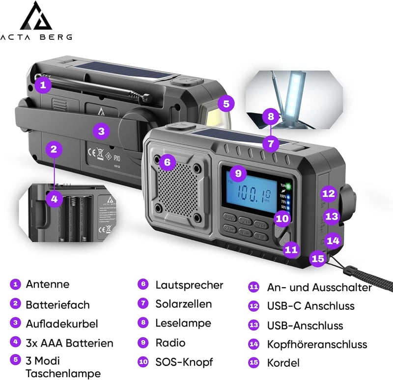 Notfallradio mit Kurbel und 5000 mAh Akku – Solar Radio mit Taschenlampe, USB, AM/FM/SW, Grau