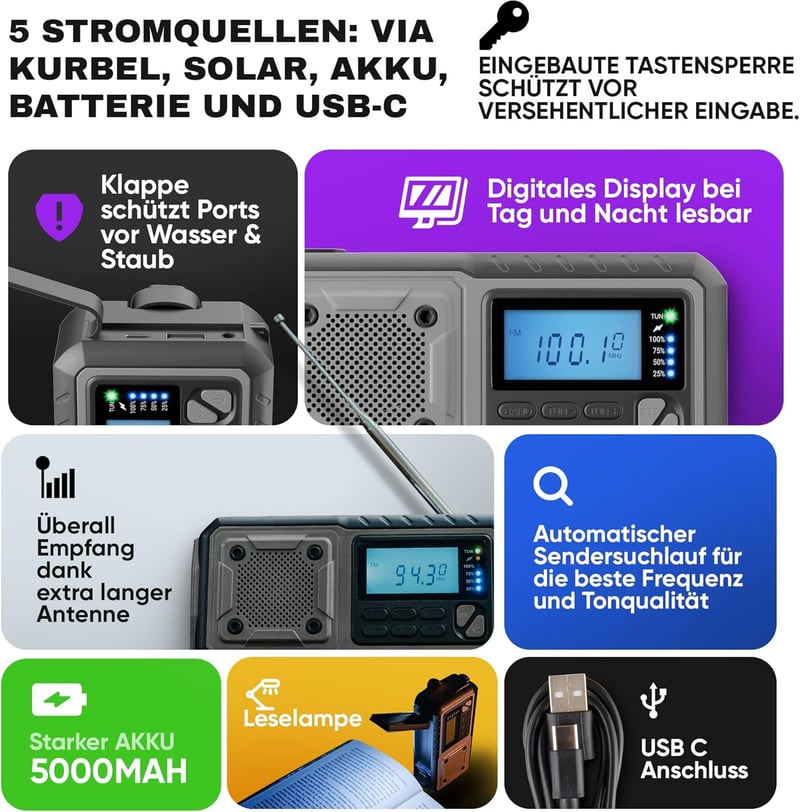 Notfallradio mit Kurbel und 5000 mAh Akku – Solar Radio mit Taschenlampe, USB, AM/FM/SW, Grau