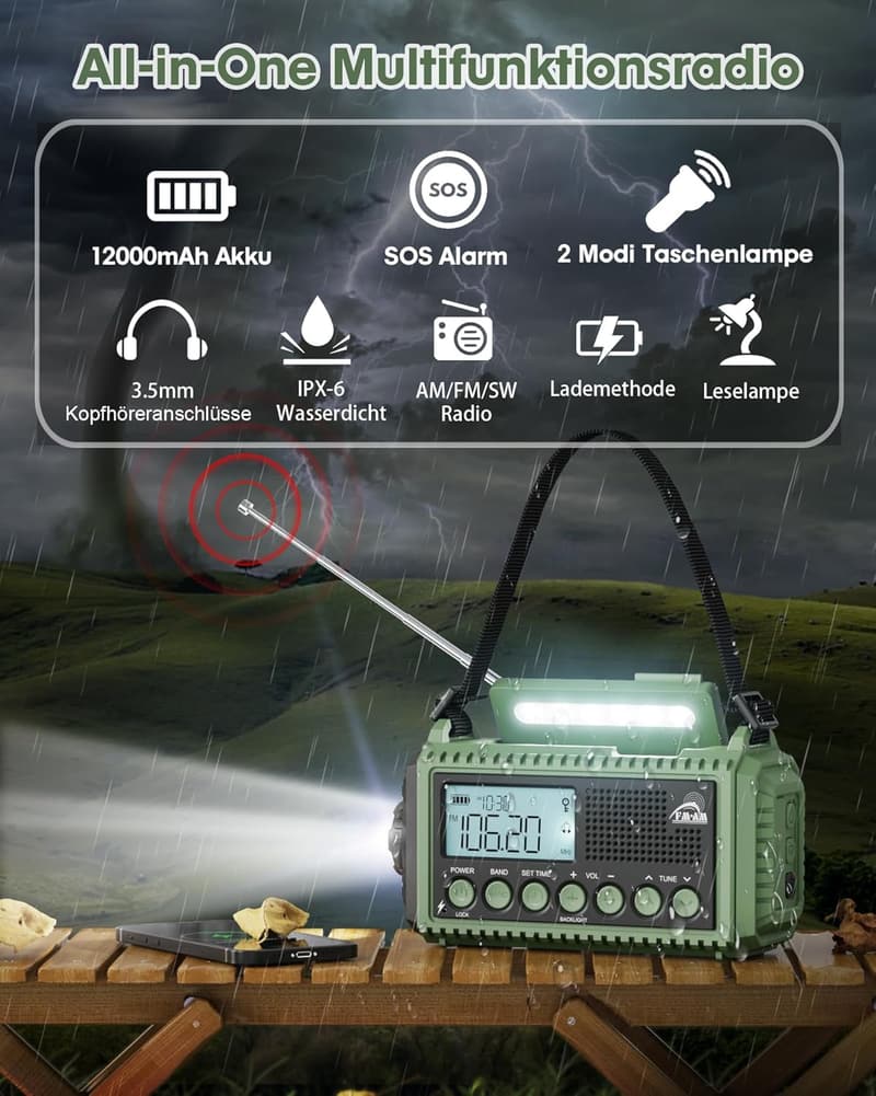 Tragbares Solar-Kurbelradio mit 12000 mAh für Notfälle & Camping