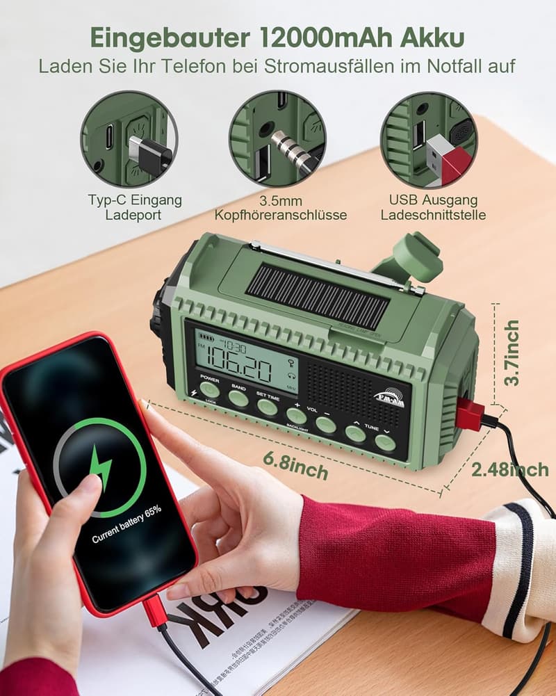 Tragbares Solar-Kurbelradio mit 12000 mAh für Notfälle & Camping