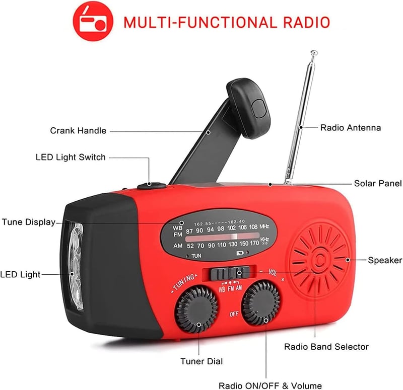 Notfall-Solarradio mit Kurbel, LED und SOS-Alarm, 2000mAh Akku