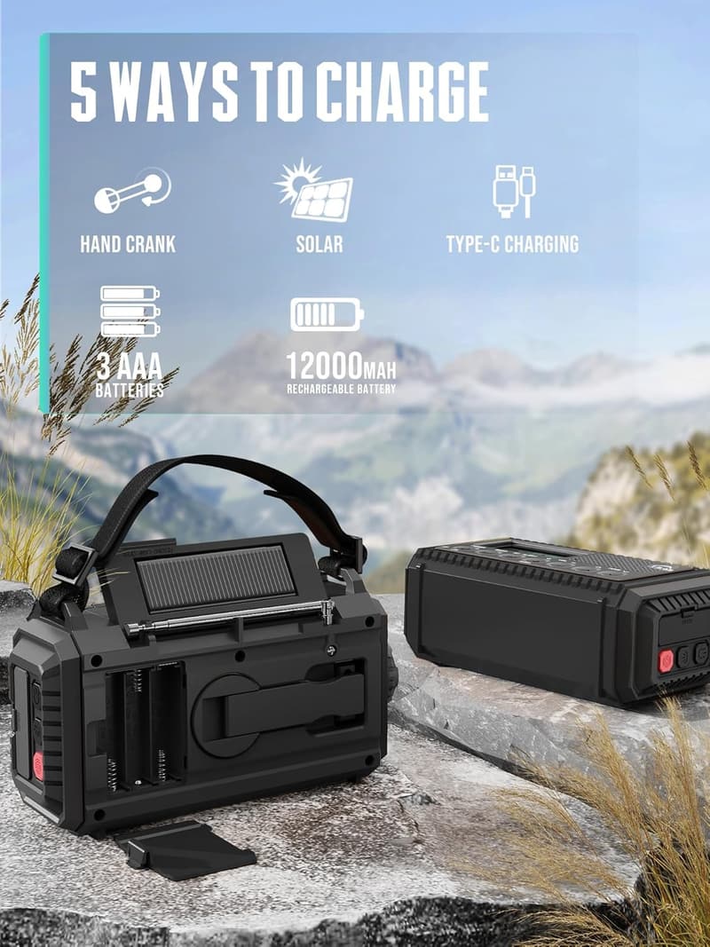 Solar-Kurbelradio mit 12000mAh Powerbank und SOS-Alarm | Wasserdicht, tragbar für Outdoor-Aktivitäten